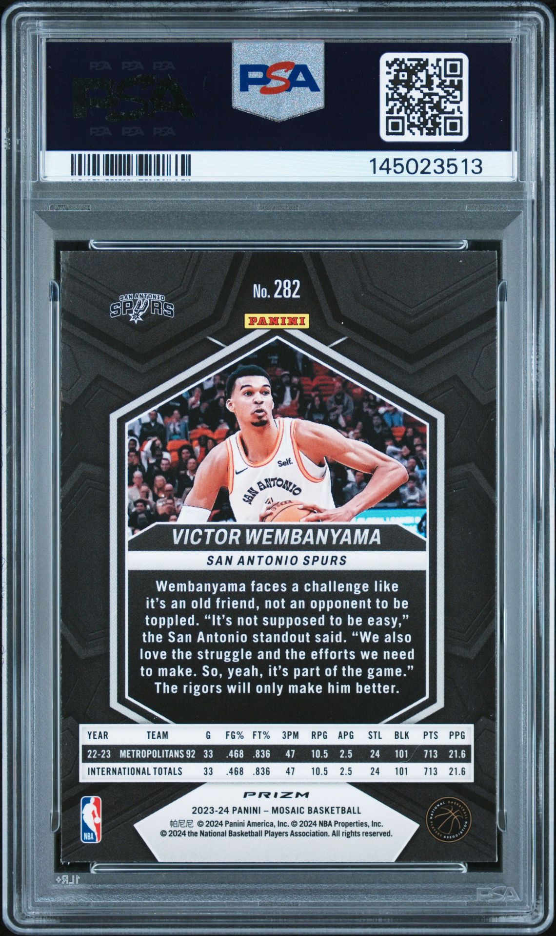 2023 Panini Mosaic Victor Wembanyama #282 (Reactive Blue) Mint 9 back