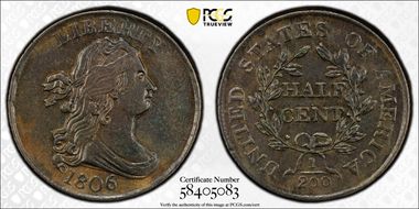 1806 1/2C Small 6, No Stems AU53BN
