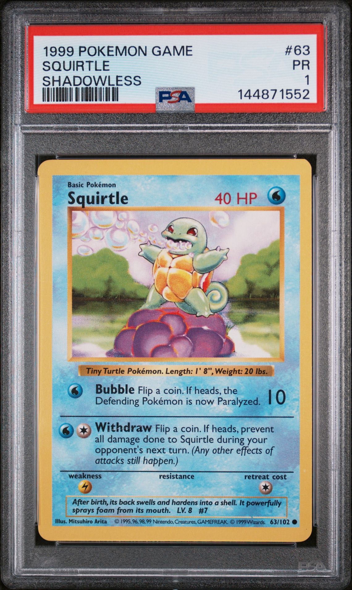 1999 Pokemon POKEMON GAME SHADOWLESS #63 Squirtle front