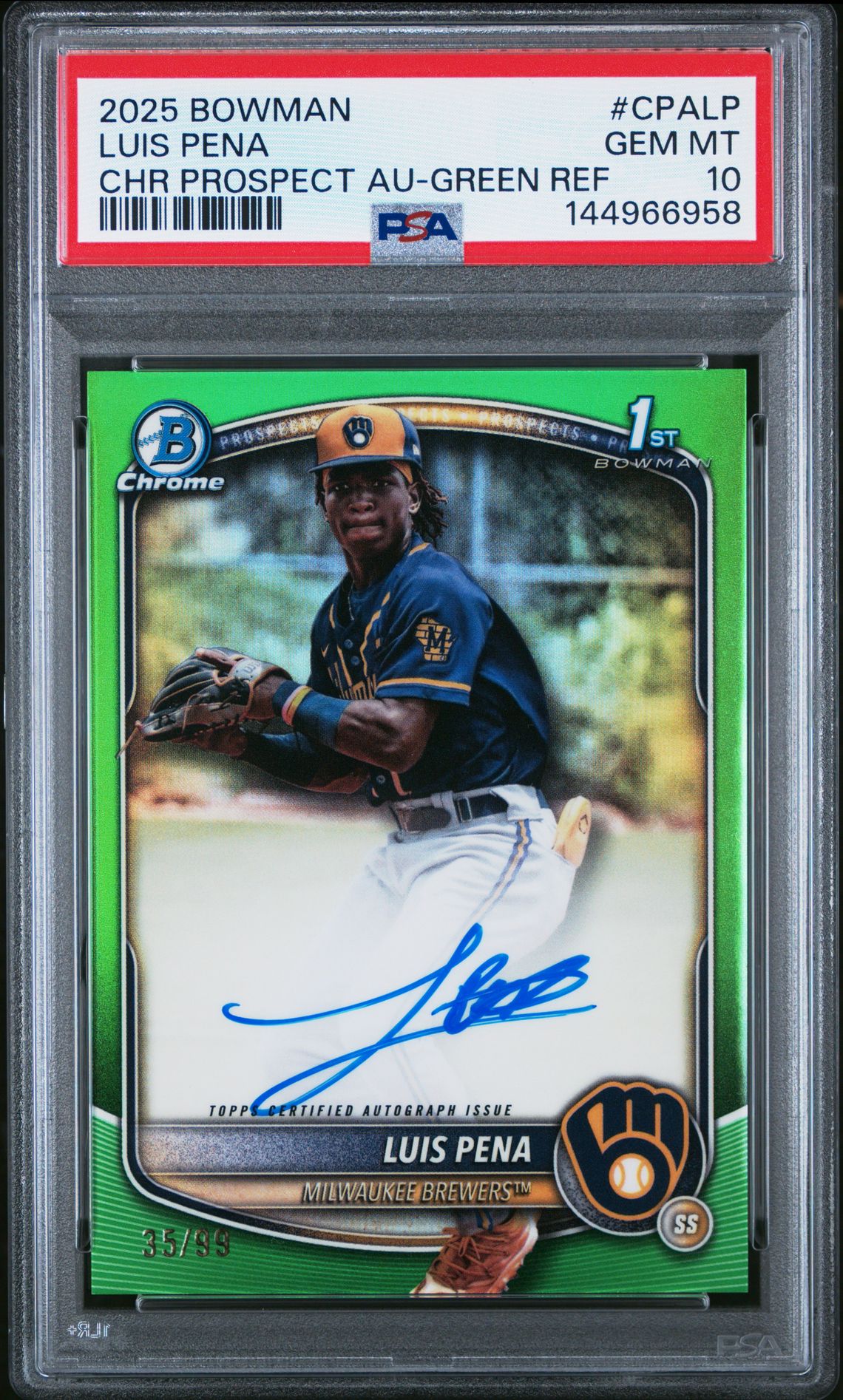 2025 Bowman BOWMAN CHROME PROSPECT AUTOGRAPHS Green Refractor #CPALP Luis Pena front