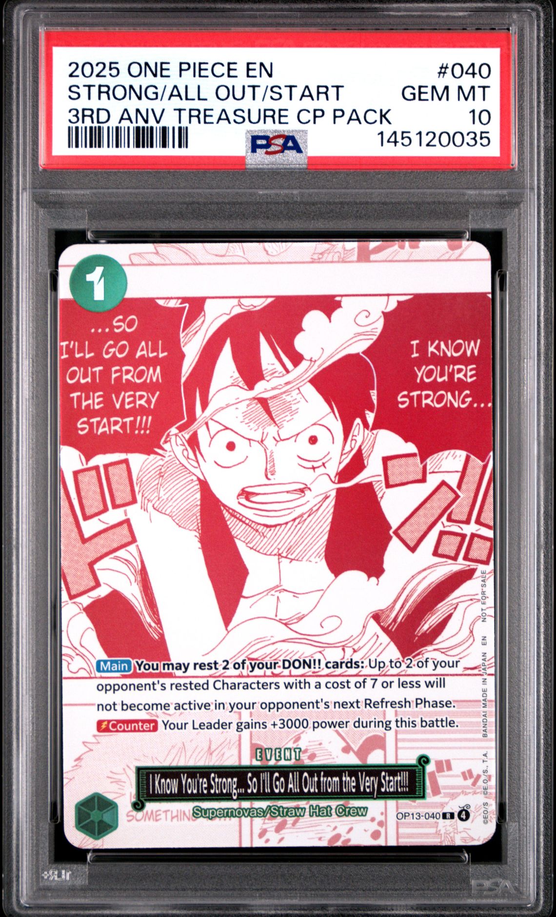 2025 One Piece 3Rd Anniversary! One Piece Card Treasure Campaign Pack Strong/All Out/Start #040 Gem Mt 10 front view - PSA graded GEM MT 10