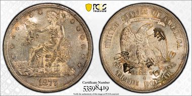 1877-S T$1 TDV-36, DDR Die 2 Chopmarked AU58