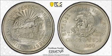 1950-Mo 5 Peso Southeastern Railroad KM-466  Ag MS65