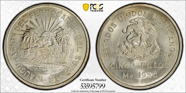 1950-Mo 5 Peso Southeastern Railroad KM-466  Ag MS65