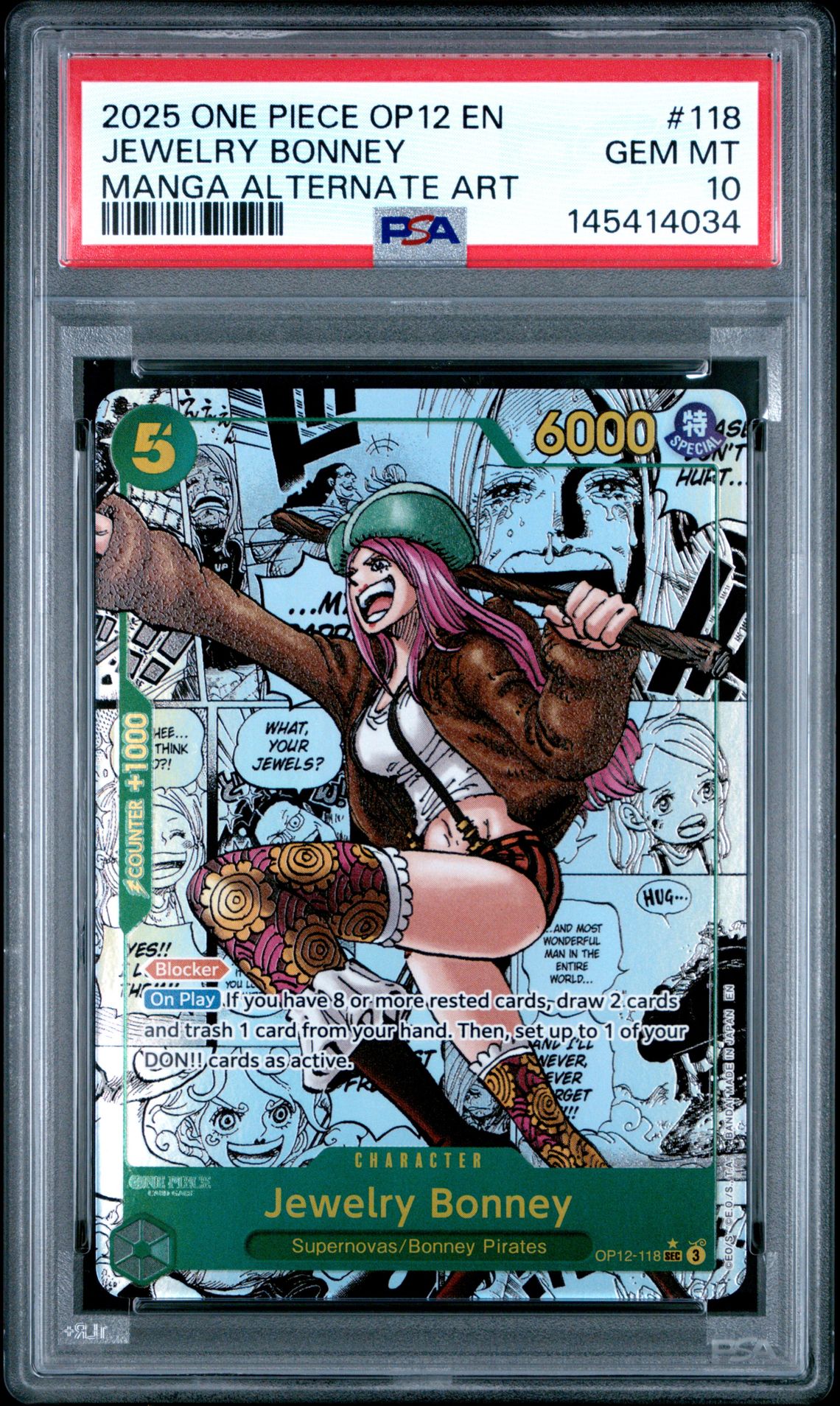 2025 One Piece ONE PIECE OP12-LEGACY OF THE MASTER MANGA ALTERNATE ART #118 Jewelry Bonney front