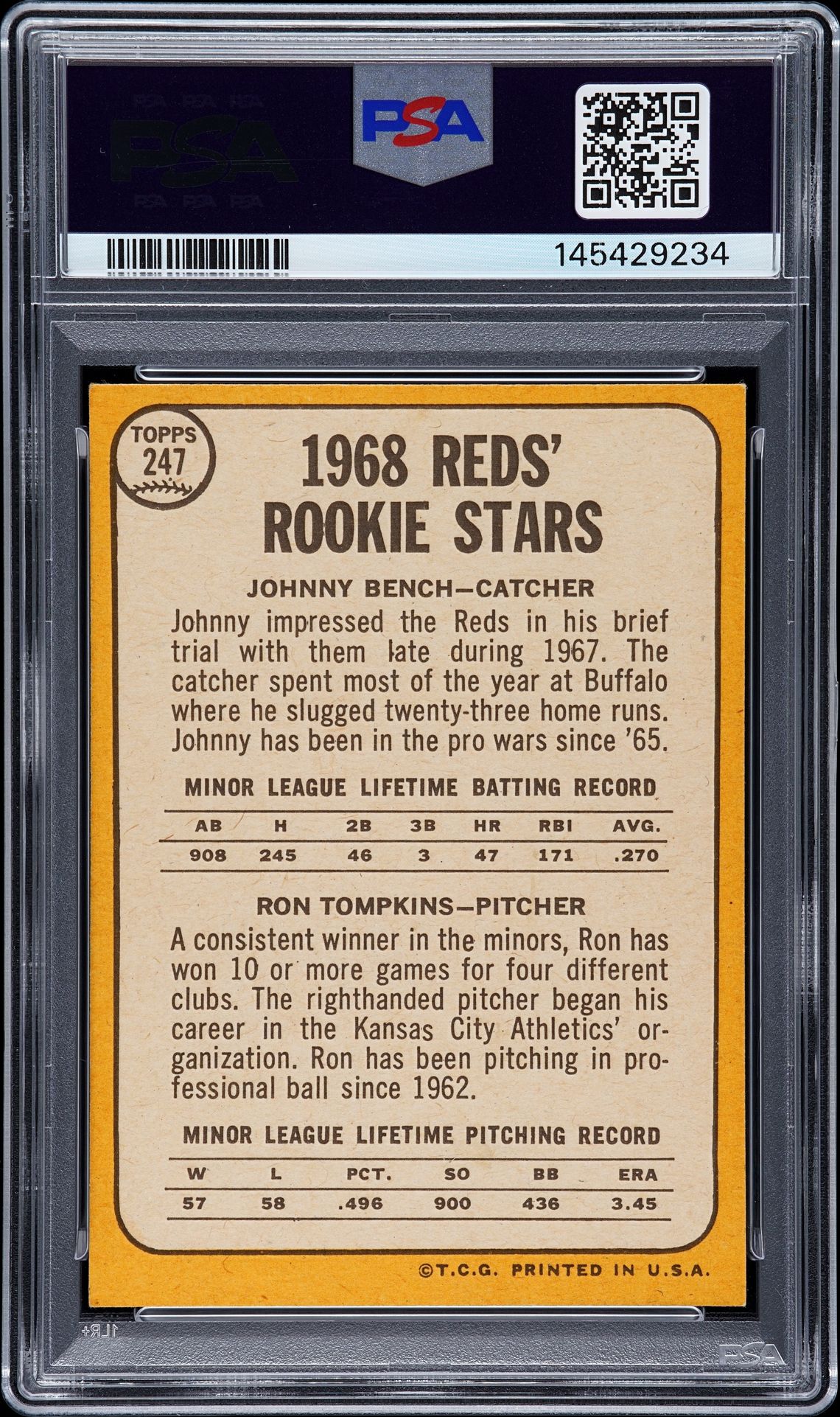 1968 Topps Reds Rookies #247 (J.bench/R.tompkins) Nm 7 back