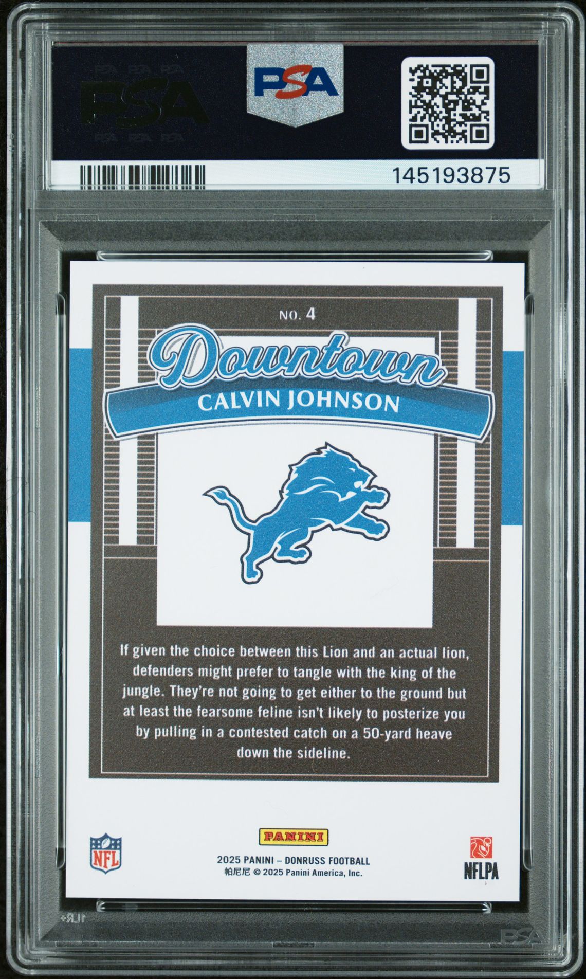 2025 Panini Donruss Downtown Calvin Johnson #4 Gem Mt 10 back view - PSA certificate #145193875