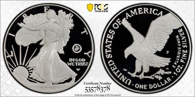 2025-P $1 Silver Eagle w/ US Marine Corps Privy 250th Anniversary First Strike PR70DCAM