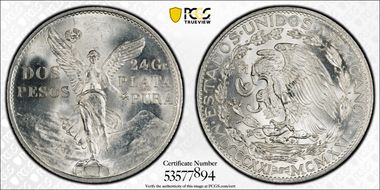 1921-Mo 2 Peso Centennial, 9 Tail F. KM-462  Ag MS64