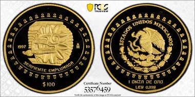 1997-Mo 100 P Serpiente Emplumada KM-626  Au PR69DCAM