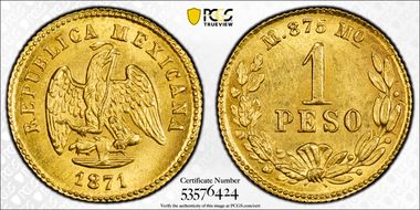 1871-Mo M/C Peso KM-410.5 Au MS63