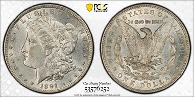 1891-CC $1 VAM 3, Spitting Eagle AU55