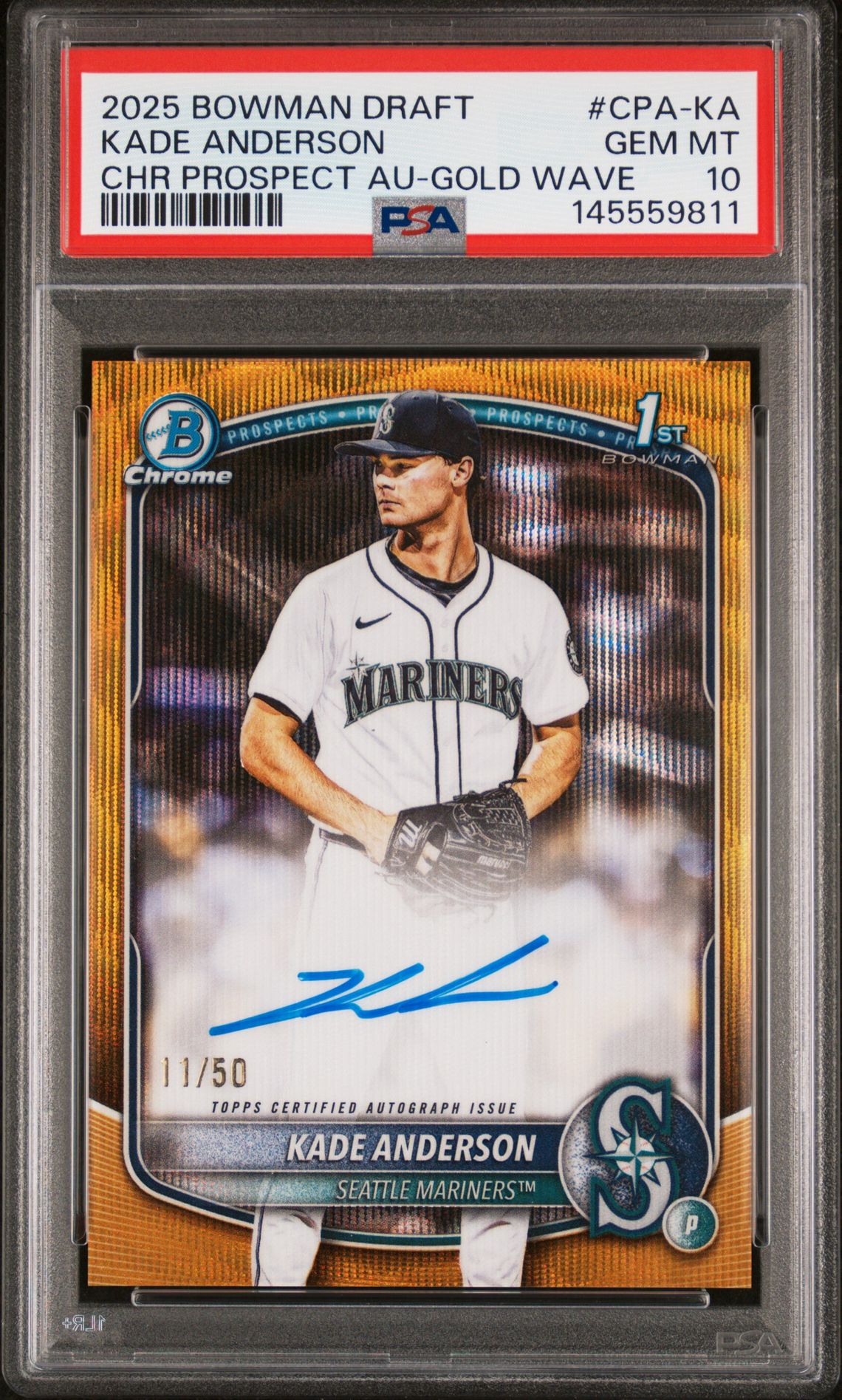 2025 Bowman Draft BOWMAN DRAFT CHROME PROSPECT AUTOGRAPHS CHR PROSPECT AU-GOLD WAVE #CPA-KA Kade Anderson front