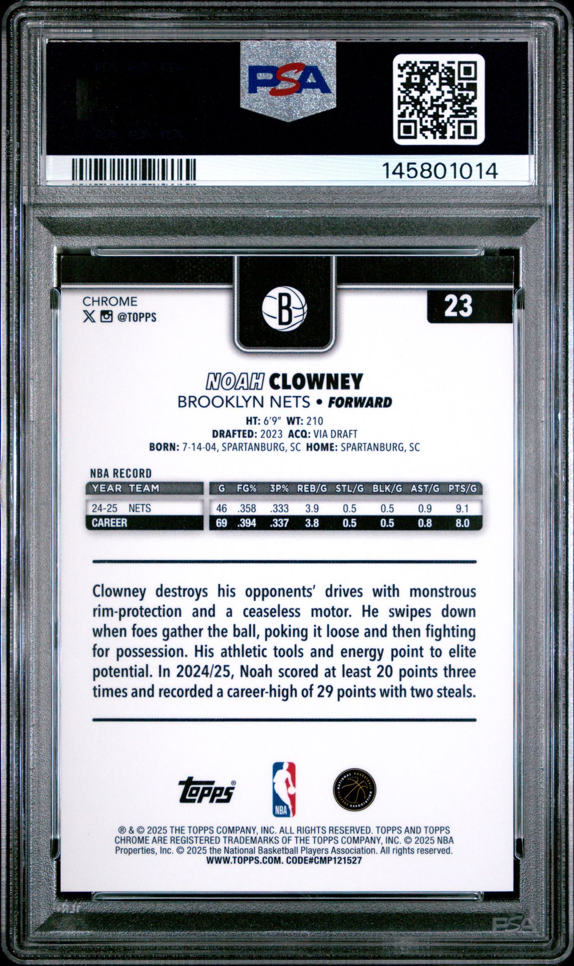 2025 Topps Chrome Noah Clowney #23 (Gold Refractor) Mint 9 back