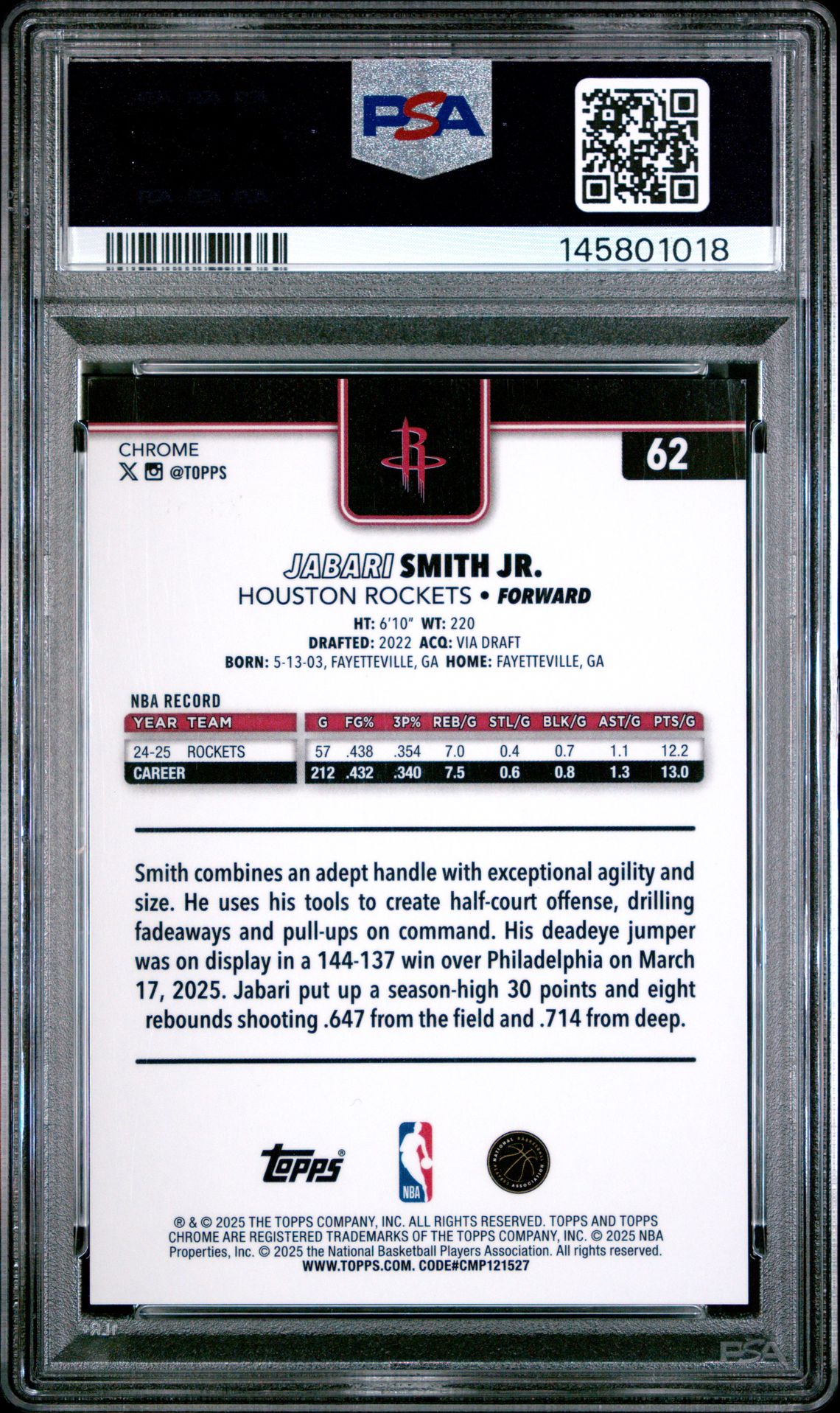 2025 Topps Chrome Jabari Smith Jr. #62 (Gold Refractor) Nm-Mt 8 back