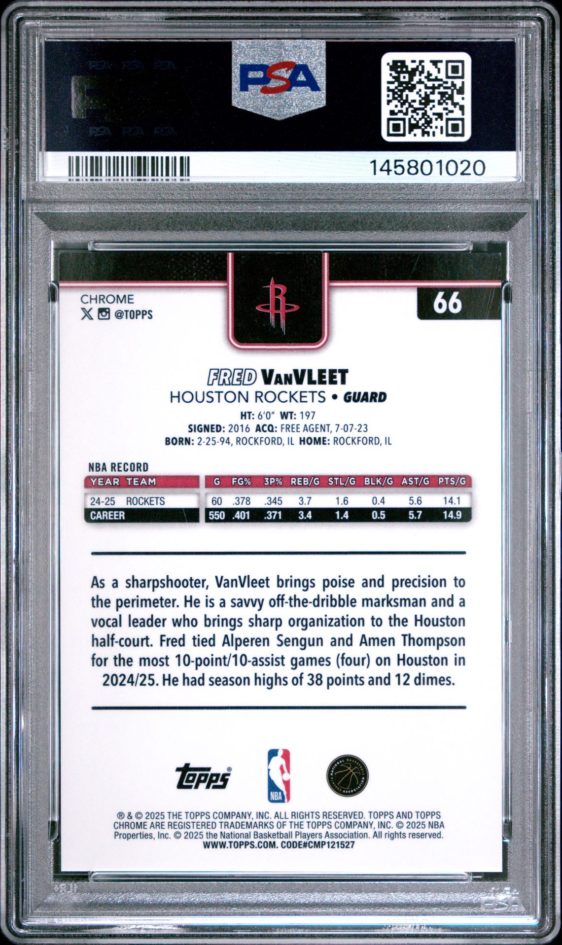 2025 Topps Chrome Fred Vanvleet #66 (Gold Refractor) Mint 9 back