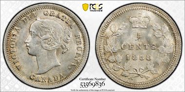 1858 5C Large Date RP1 MS63