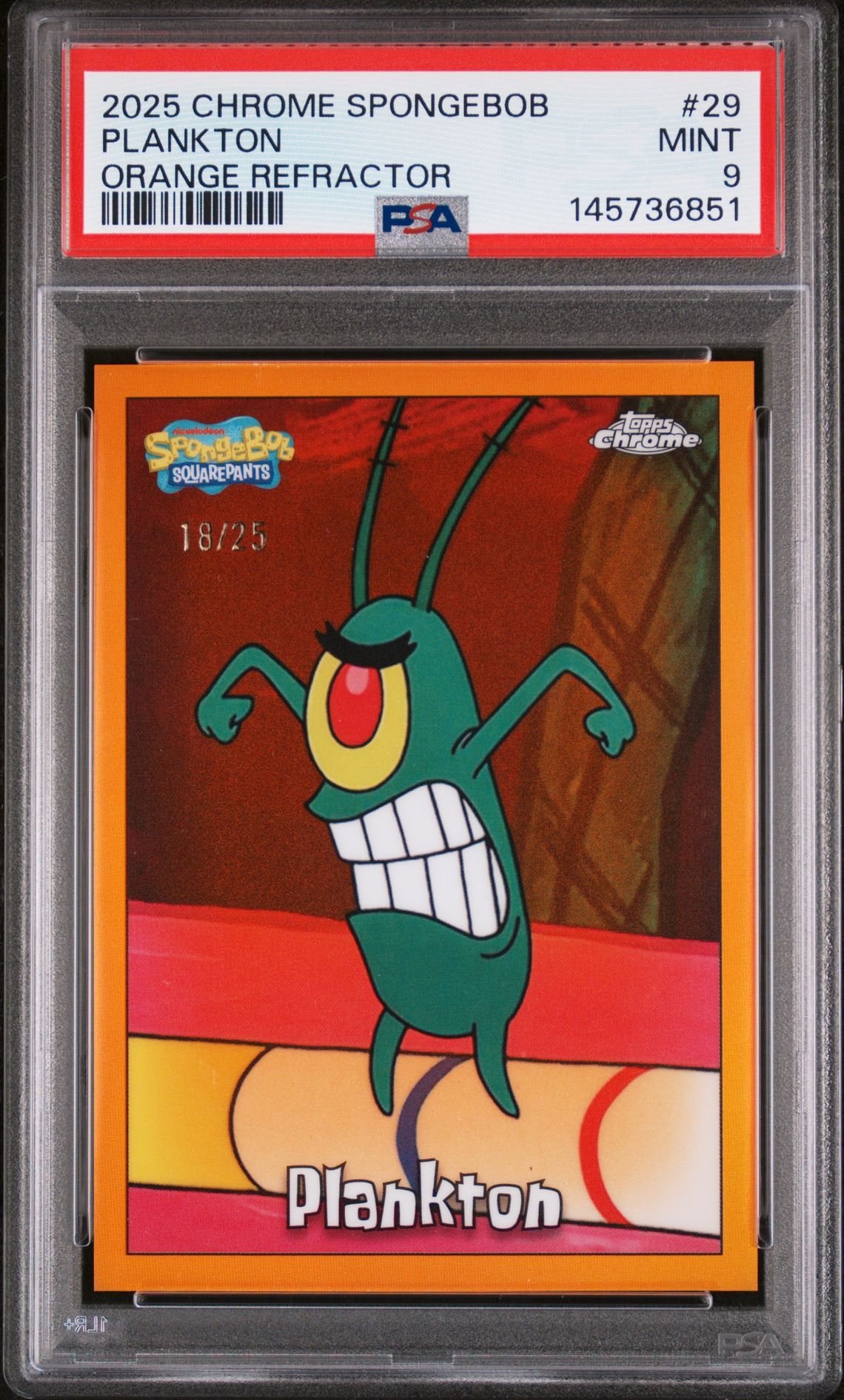 2025 Topps Chrome TOPPS CHROME SPONGEBOB 25TH ANNIVERSARY ORANGE REFRACTOR #29 Plankton front