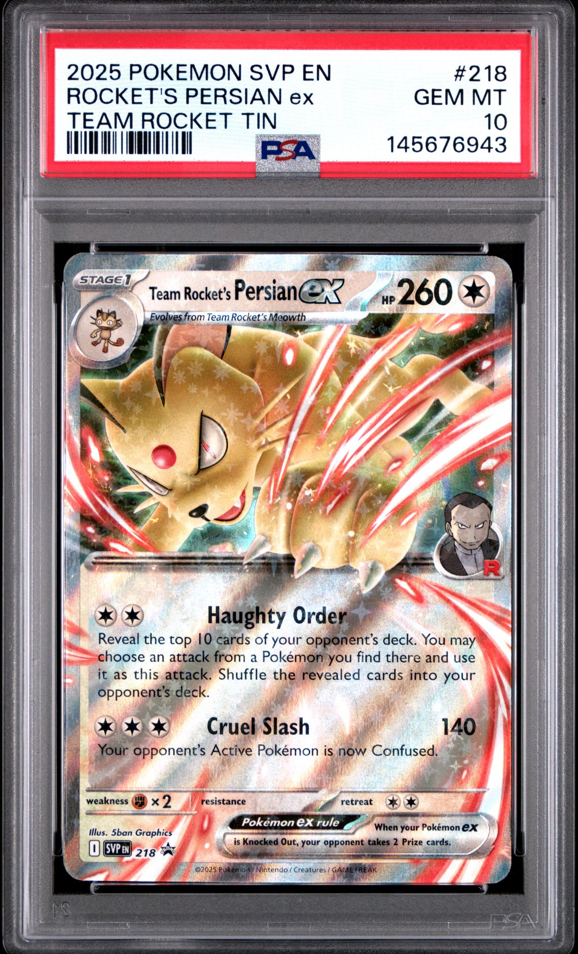2025 Pokemon POKEMON SVP EN-SV BLACK STAR PROMO TEAM ROCKET TIN #218 Rocket's Persian EX front