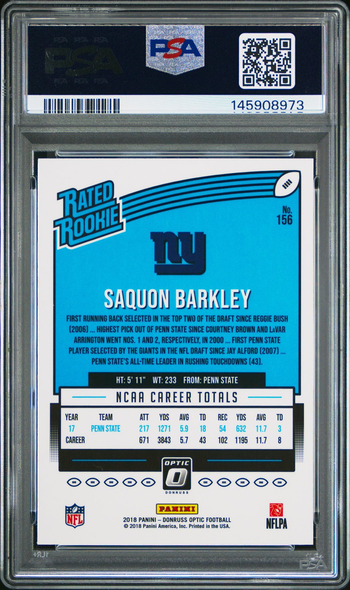 2018 Panini Donruss Optic Saquon Barkley #156 Gem Mt 10 back