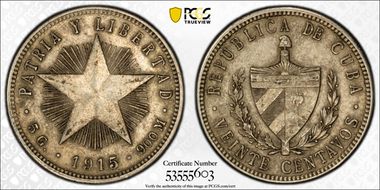 1915 20C High Relief, Fine Reeding KM-13.1 XF45
