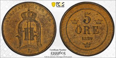 1889 5 Öre Large legend MS62BN