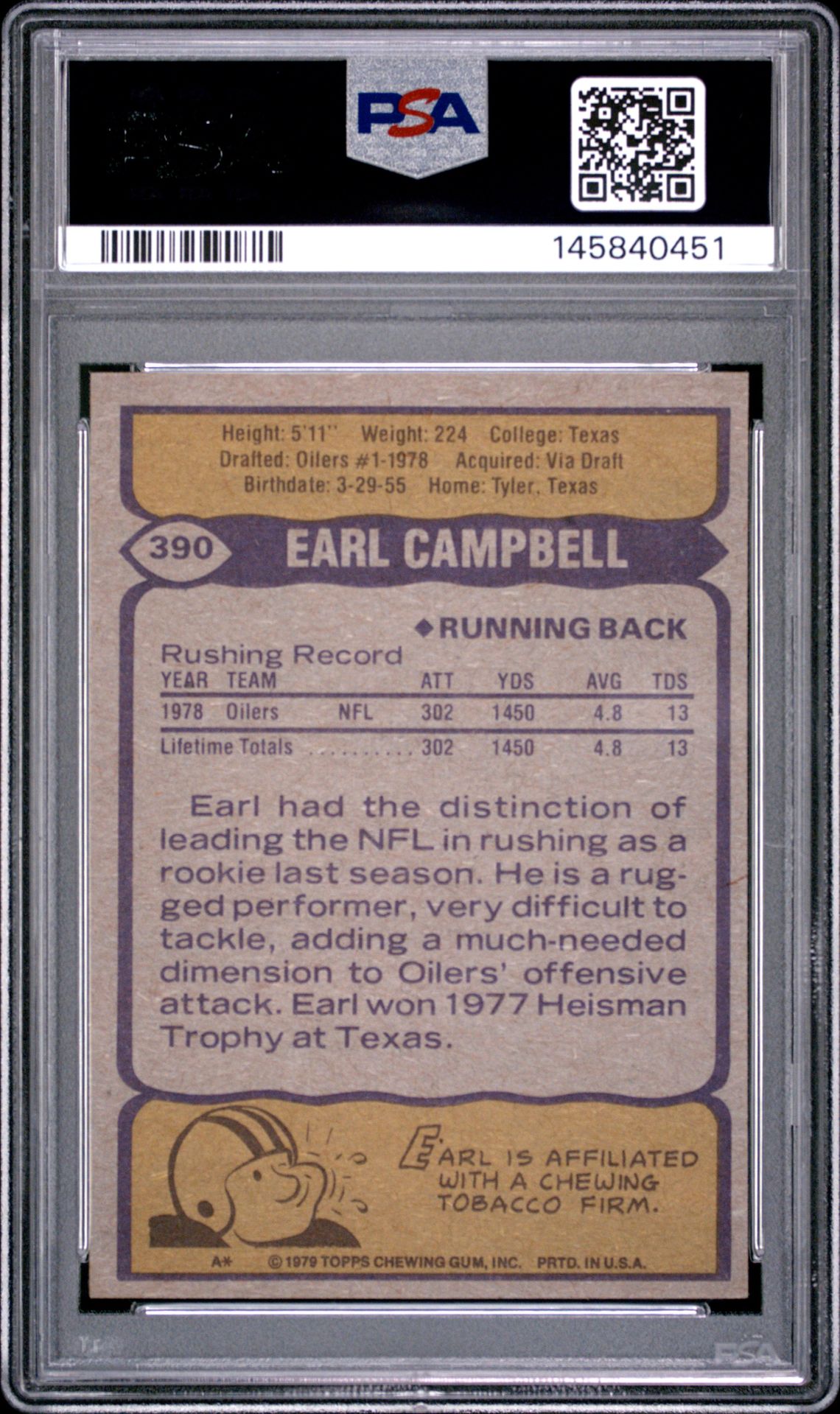1979 Topps Earl Campbell #390 Nm 7 back