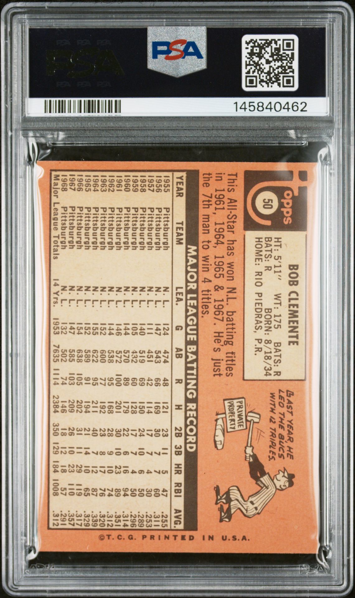 1969 Topps Bob Clemente #50 Nm 7 back