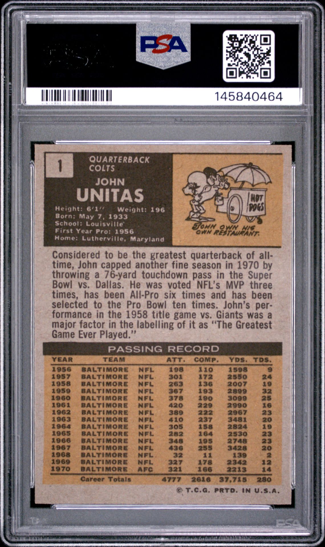 1971 Topps John Unitas #1 Nm 7 back