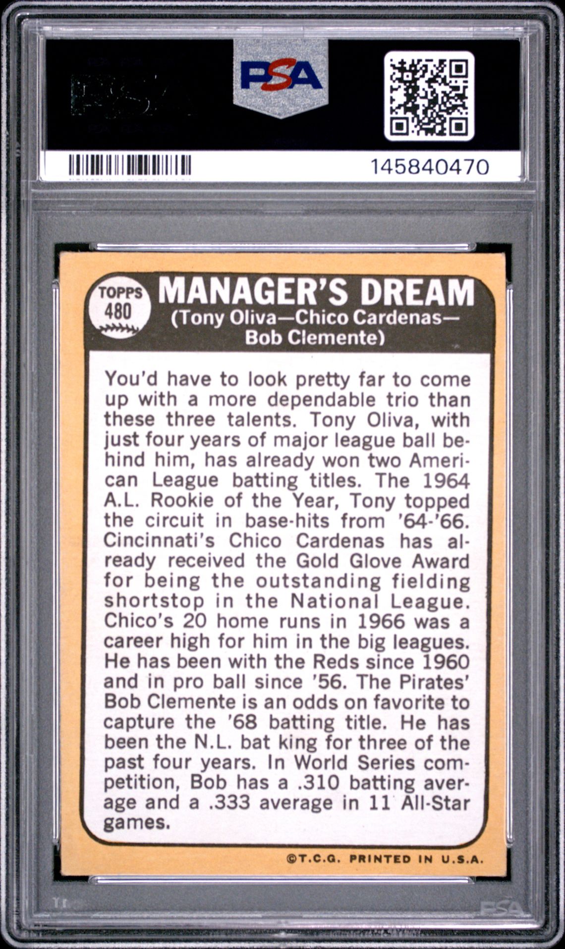 1968 Topps Manager's Dream #480 (Oliva/Cardenas/Clemente) Vg-Ex 4 back