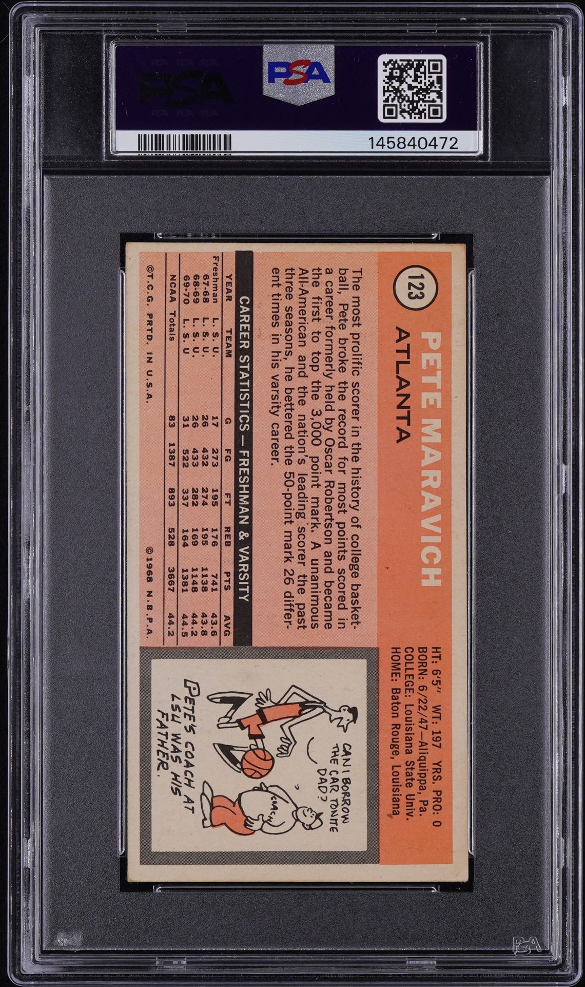 1970 Topps Pete Maravich #123 Vg+ 3.5 back