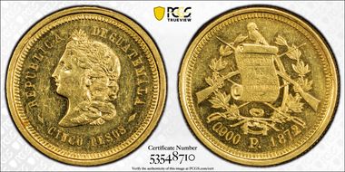 1872 P 5 Peso KM-198  Au MS61