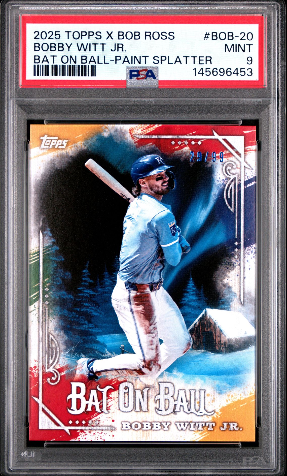 2025 Topps X Bob Ross The Joy Of Baseball Bat On Ball Bobby Witt Jr. #Bob-20 (Bat On Ball-Paint Splatter) Mint 9 front
