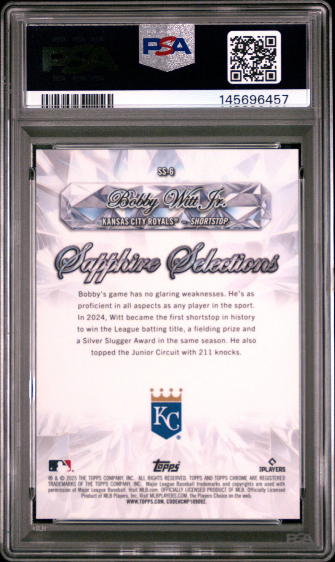 2025 Topps Chrome Sapphire Sapphire Selections Bobby Witt Jr. #Ss-6 (Sapphire Selections-Gold) Mint 9 back