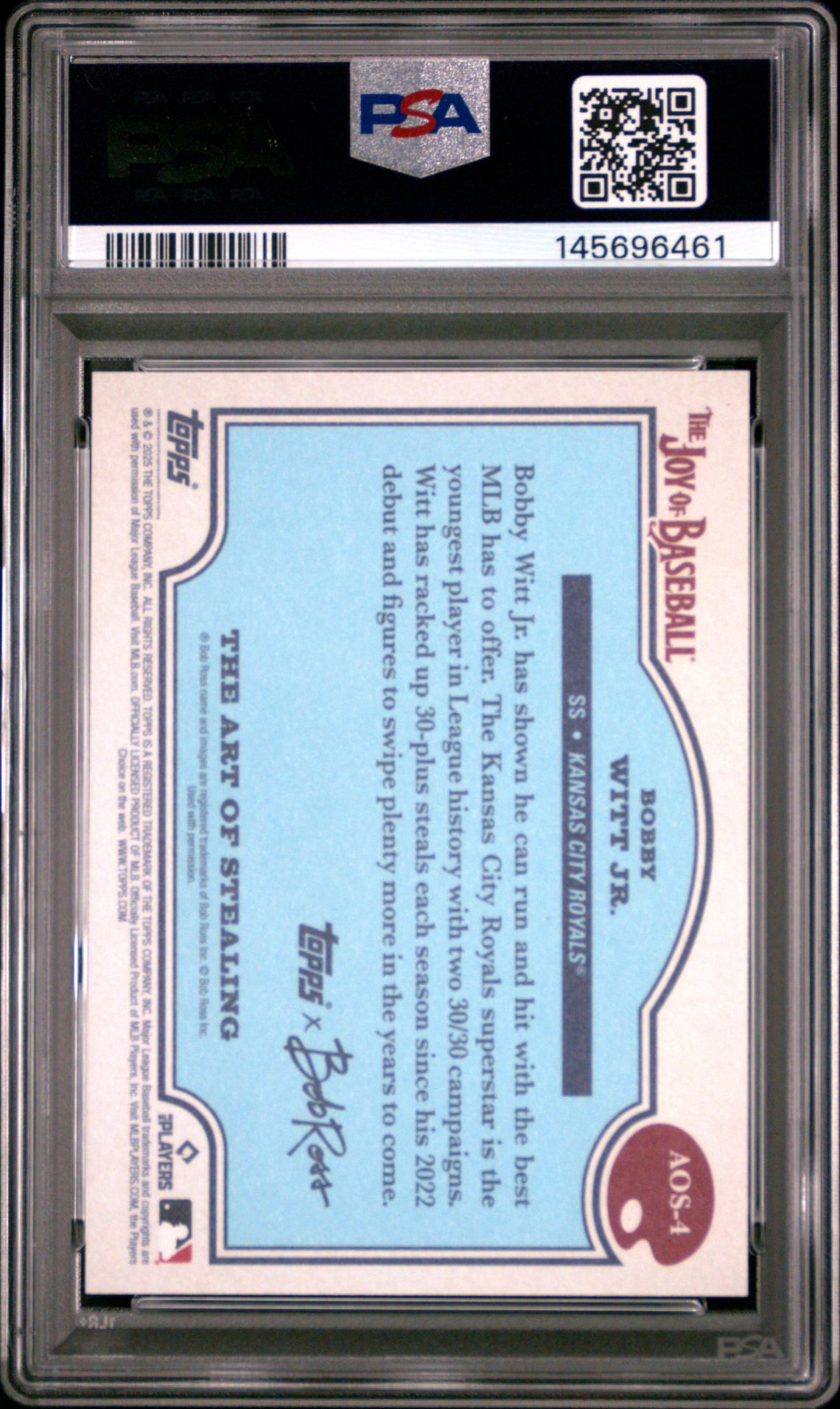 2025 Topps X Bob Ross The Joy Of Baseball The Art Of Stealing Bobby Witt Jr. #Aos-4 Gem Mt 10 back view - PSA certificate #145696461