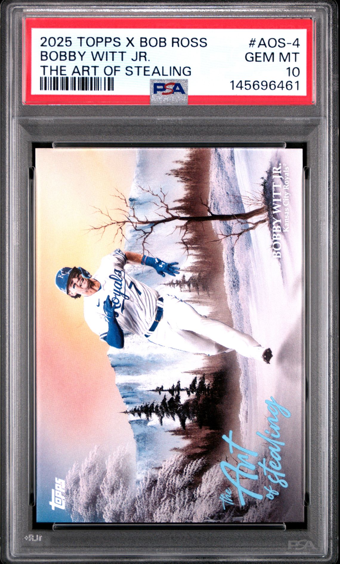 2025 Topps X Bob Ross The Joy Of Baseball The Art Of Stealing Bobby Witt Jr. #Aos-4 Gem Mt 10 front view - PSA graded GEM MT 10