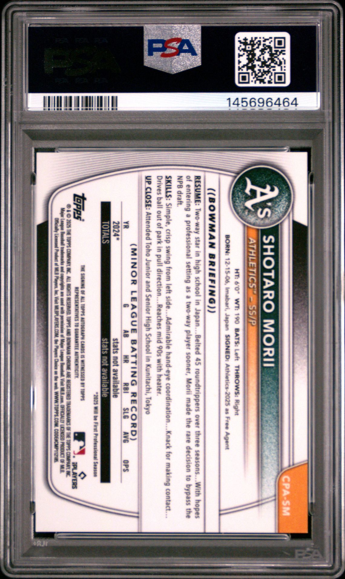 2025 Bowman Chrome Prospect Autographs Shotaro Morii #Cpasm (Chrome Pros Au-Speckle Ref) Mint 9 back