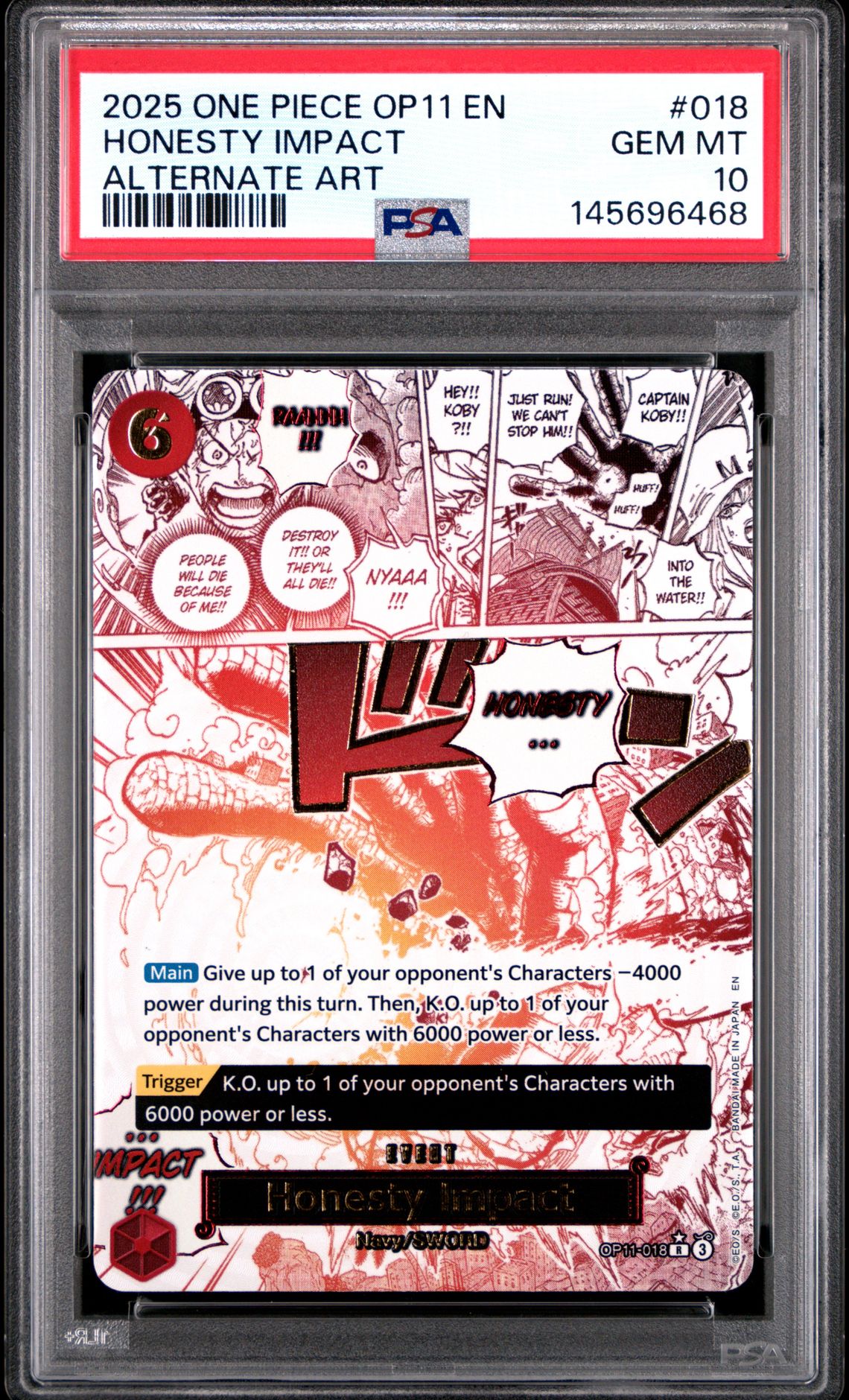 2025 One Piece Op11-A Fist Of Divine Speed Honesty Impact #018 (Alternate Art) Gem Mt 10 front view - PSA graded GEM MT 10
