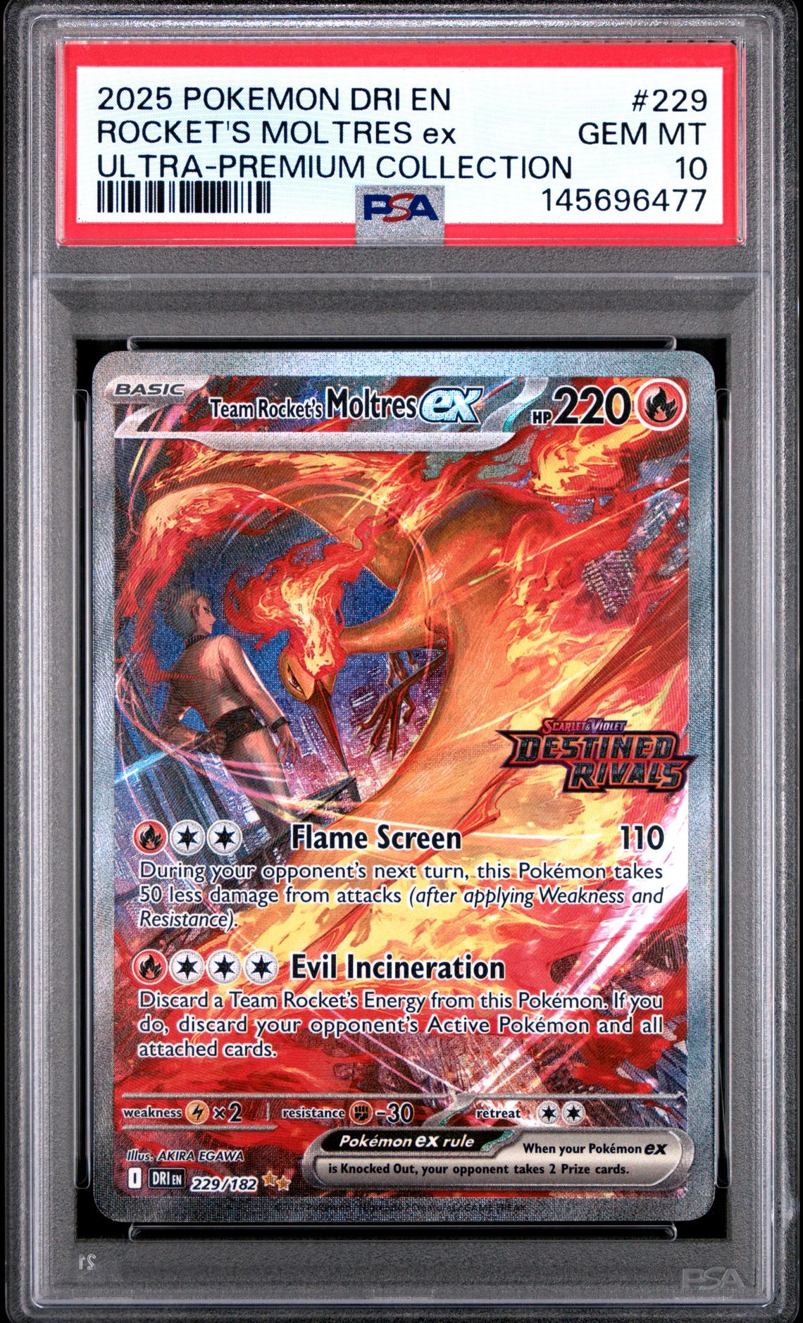 2025 Pokemon Dri En-Destined Rivals Rocket's Moltres Ex #229 (Ultra-Premium Collection) Gem Mt 10 front view - PSA graded GEM MT 10