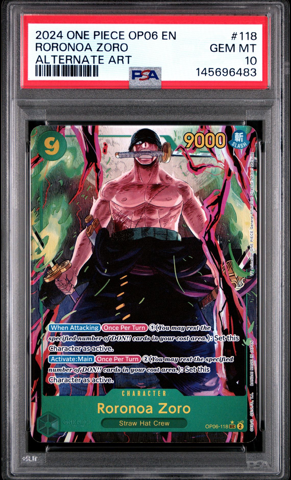 2024 One Piece Op06-Wings Of The Captain Roronoa Zoro #118 (Alternate Art) Gem Mt 10 front view - PSA graded GEM MT 10
