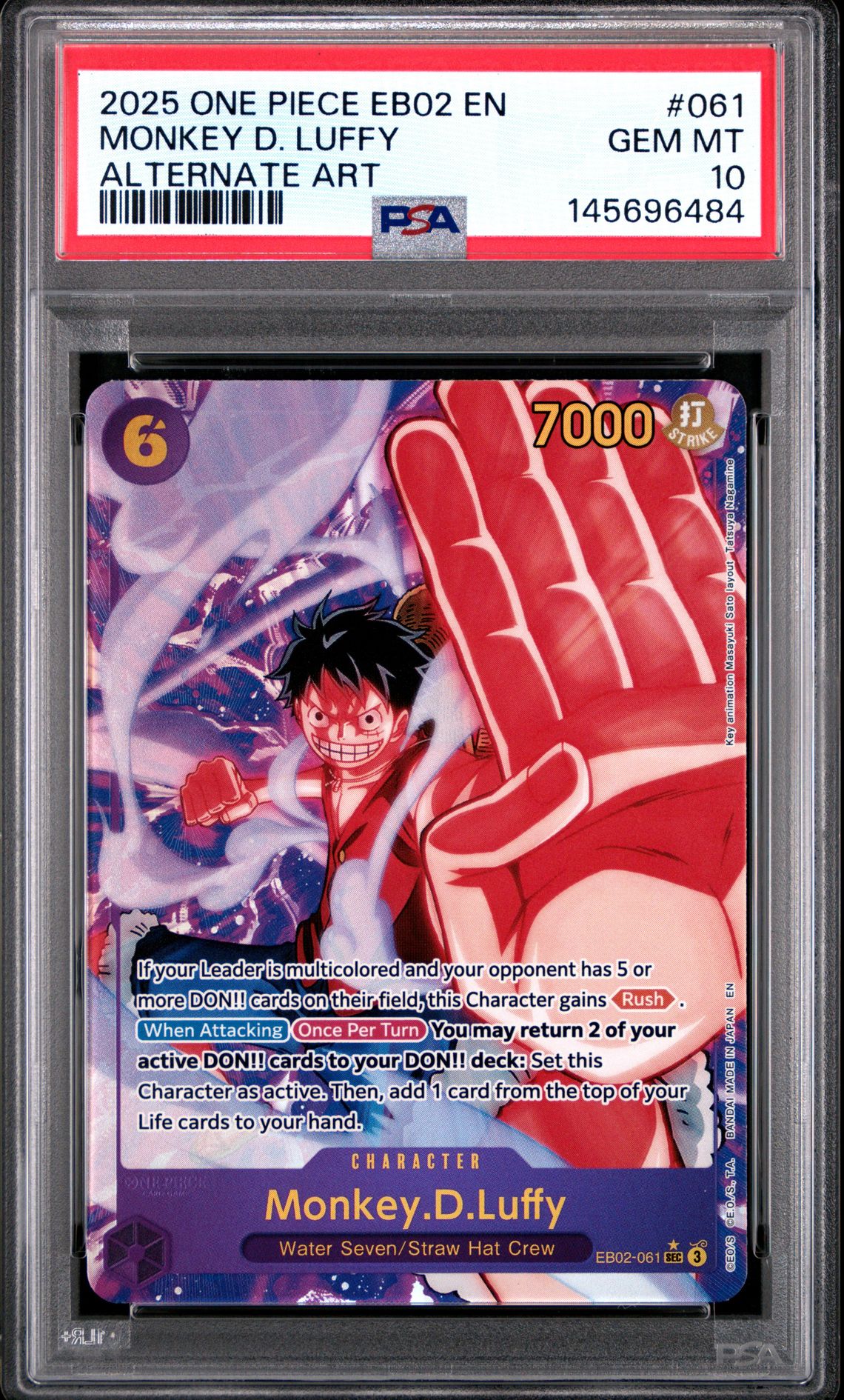 2025 One Piece Eb02-Extra Booster -Anime 25Th Collection- Monkey D. Luffy #061 (Alternate Art) Gem Mt 10 front view - PSA graded GEM MT 10
