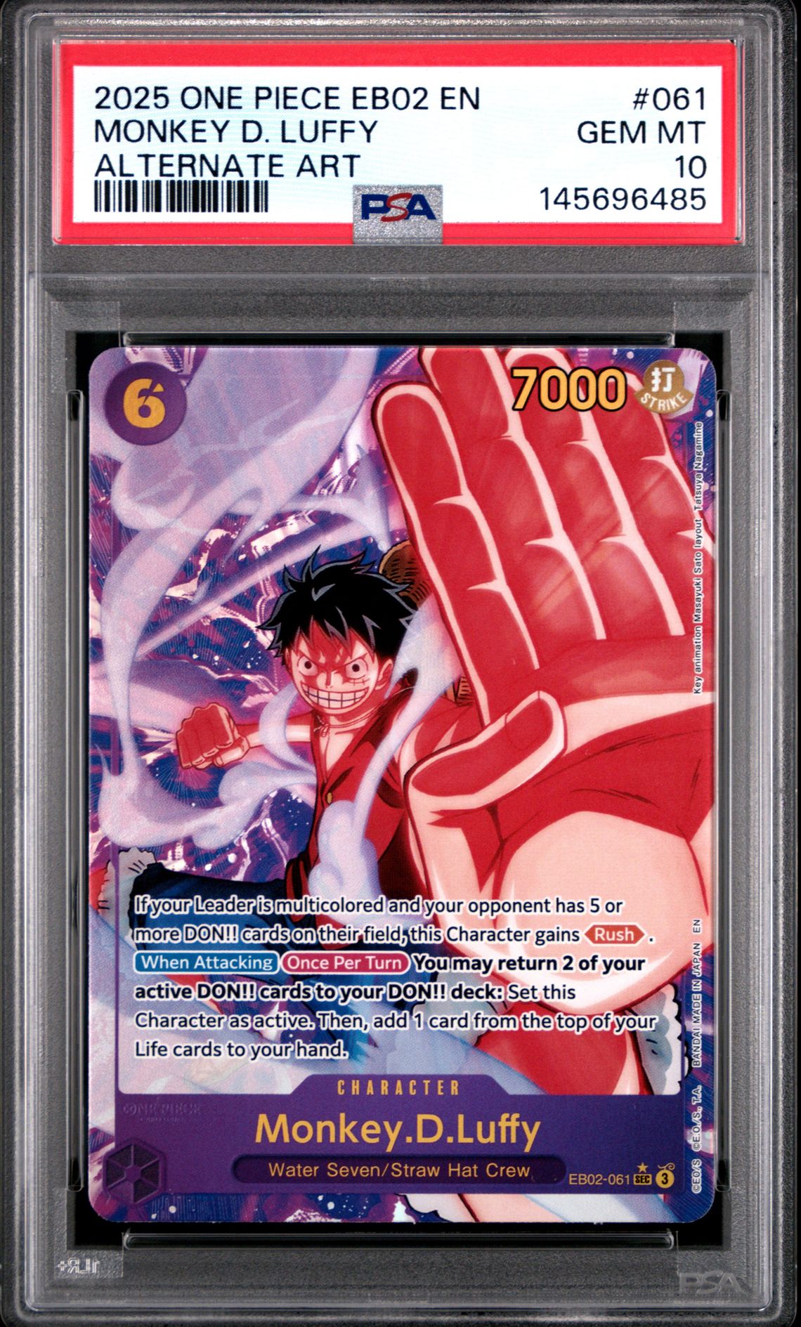2025 One Piece Eb02-Extra Booster -Anime 25Th Collection- Monkey D. Luffy #061 (Alternate Art) Gem Mt 10 front view - PSA graded GEM MT 10