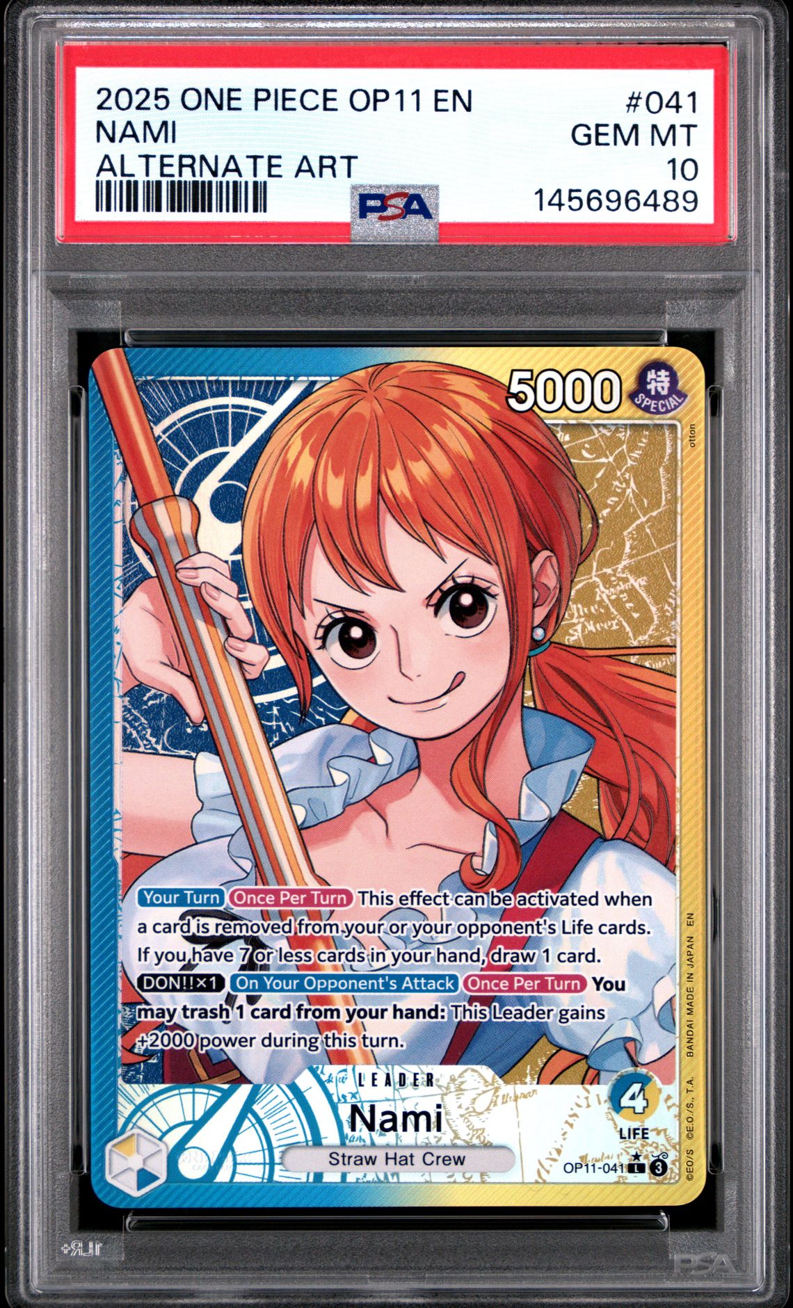 2025 One Piece Op11-A Fist Of Divine Speed Nami #041 (Alternate Art) Gem Mt 10 front view - PSA graded GEM MT 10