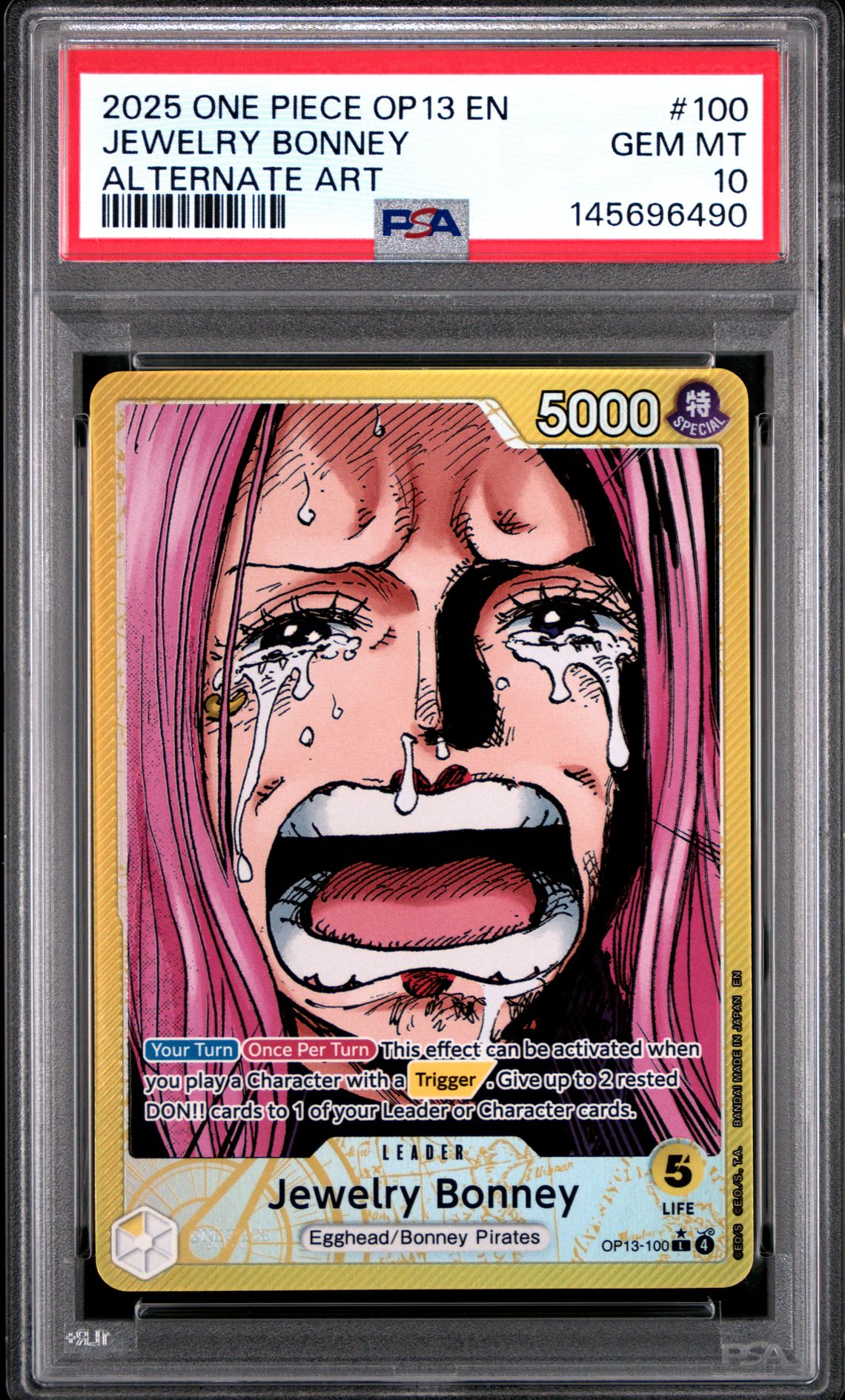 2025 One Piece Op13-Carrying On His Will Jewelry Bonney #100 (Alternate Art) Gem Mt 10 front view - PSA graded GEM MT 10
