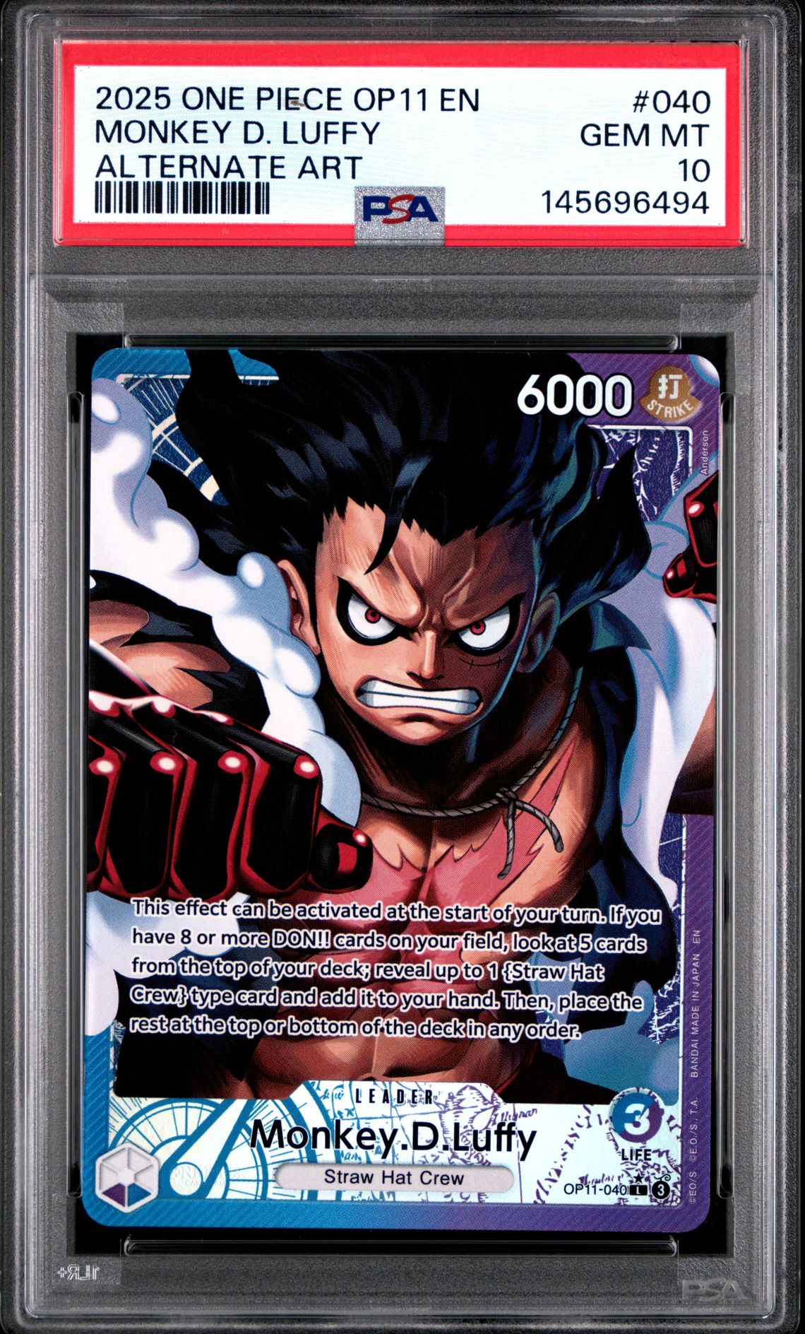 2025 One Piece Op11-A Fist Of Divine Speed Monkey D. Luffy #040 (Alternate Art) Gem Mt 10 front