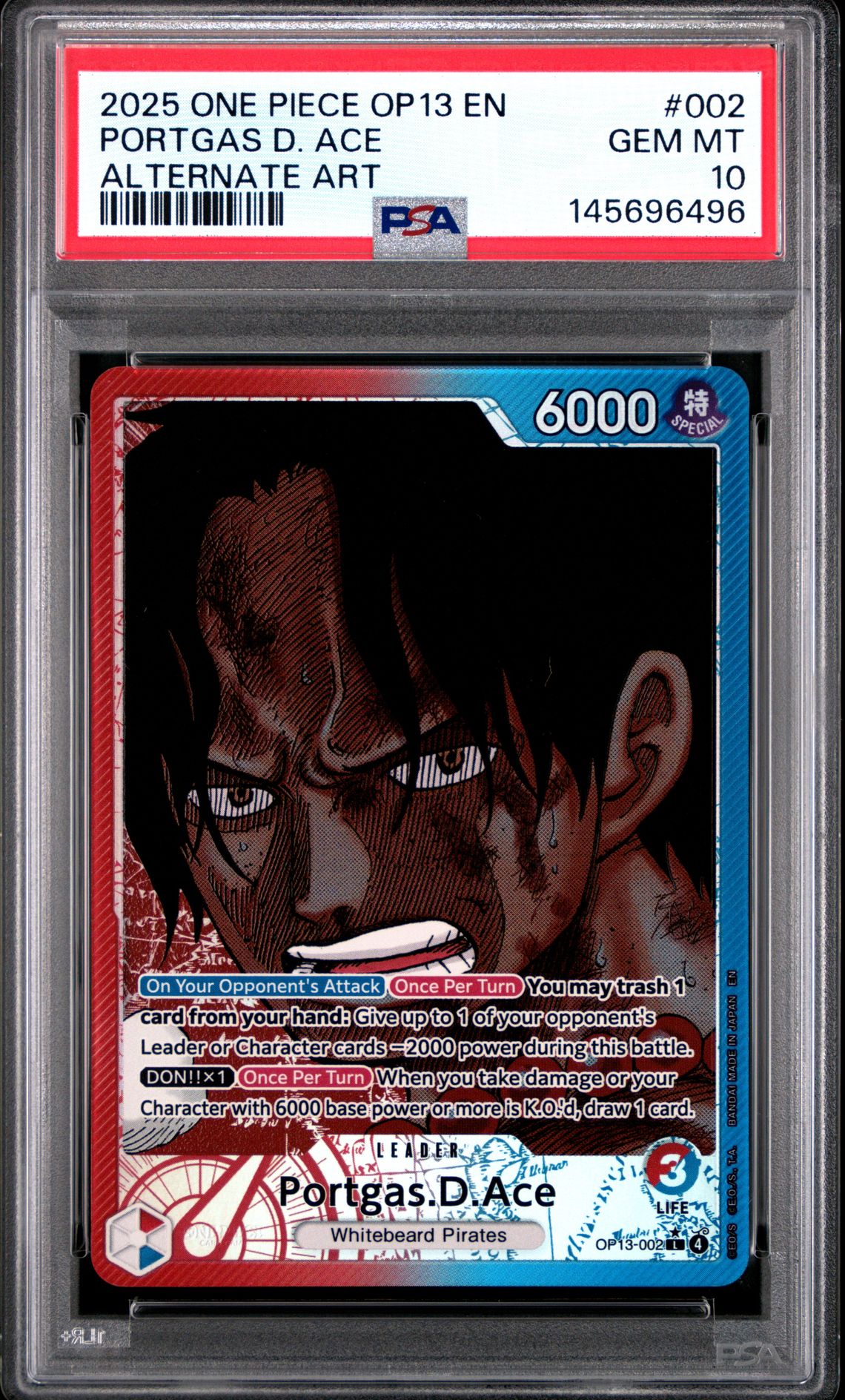 2025 One Piece Op13-Carrying On His Will Portgas D. Ace #002 (Alternate Art) Gem Mt 10 front view - PSA graded GEM MT 10