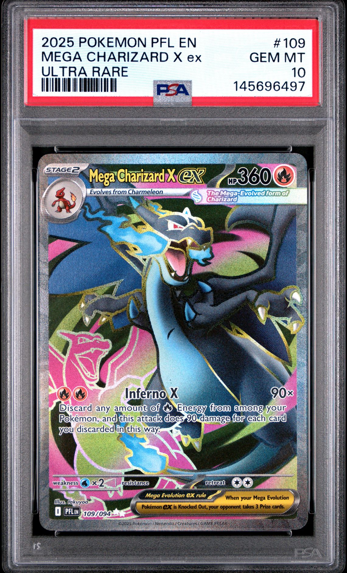 2025 Pokemon Pfl En-Phantasmal Flames Mega Charizard X Ex #109 (Ultra Rare) Gem Mt 10 front view - PSA graded GEM MT 10