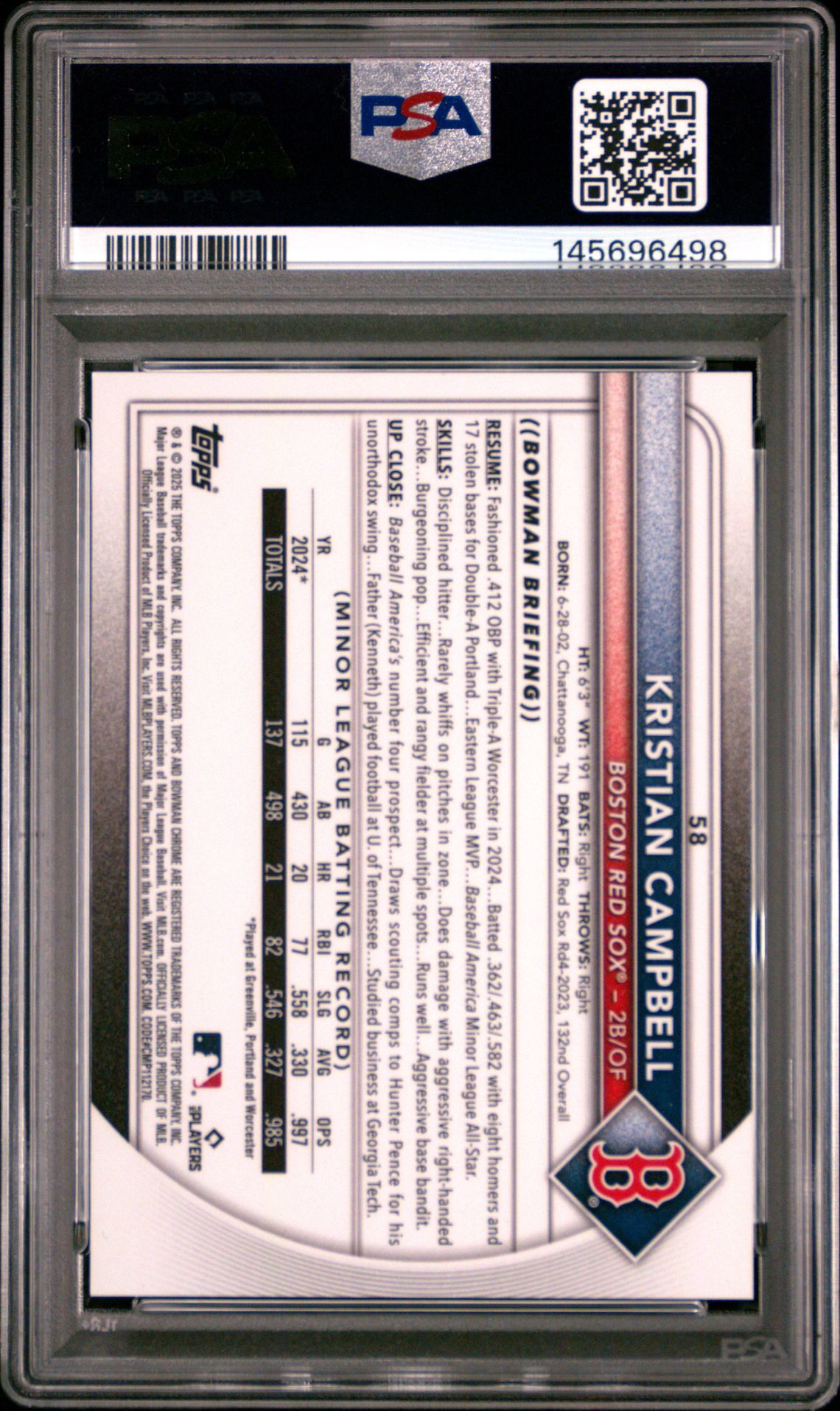 2025 Bowman Chrome Kristian Campbell #58 (Etched In Glass Variation) Gem Mt 10 back view - PSA certificate #145696498
