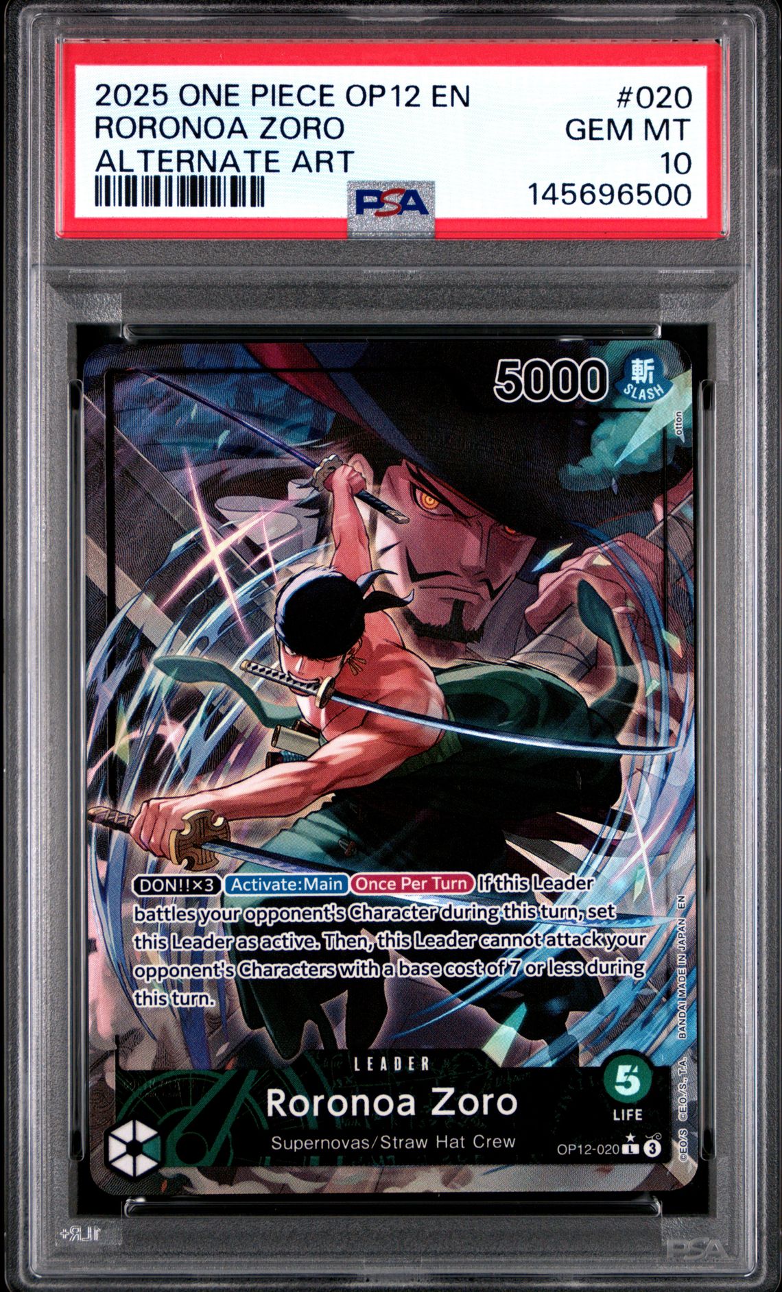 2025 One Piece Op12-Legacy Of The Master Roronoa Zoro #020 (Alternate Art) Gem Mt 10 front view - PSA graded GEM MT 10