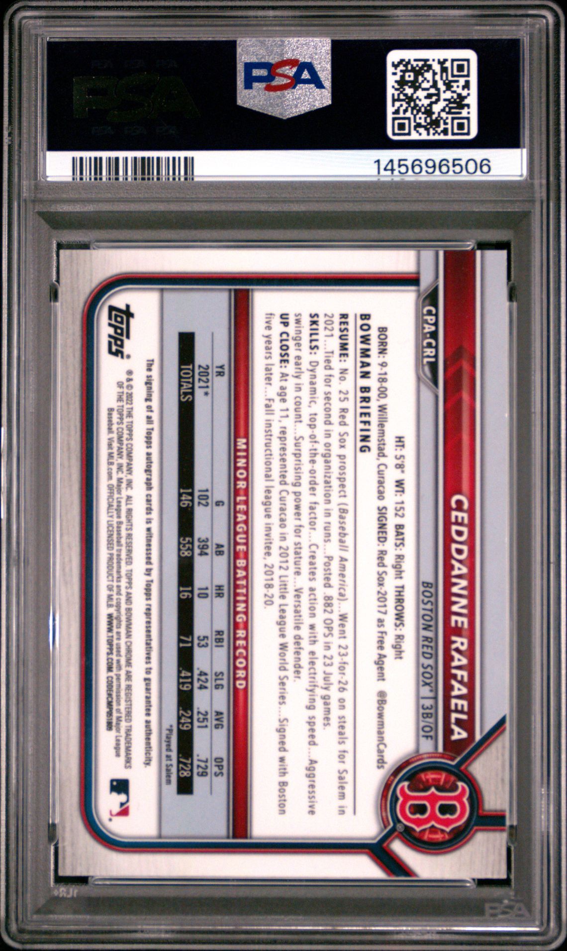 2022 Bowman Chrome Prospect Autographs Ceddanne Rafaela #Cpacrl (Pros.au-Purple Refractor) Mint 9 back